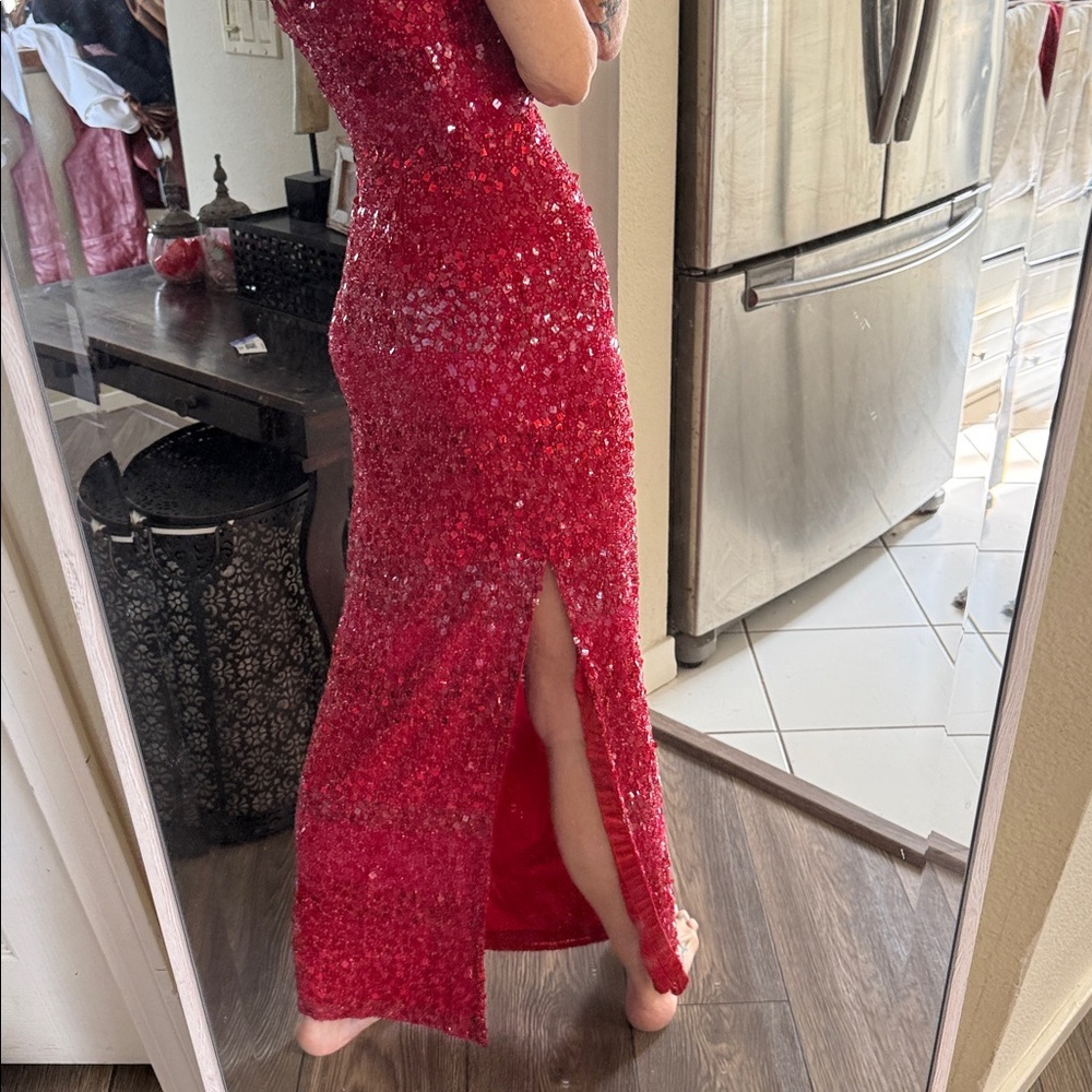 Scala gorgeous Red Sequin Dress evening gown side slit - Picture 7 of 14